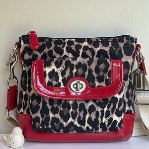Coach Leopard Print Crossbody Bag with Red Patent Trim
